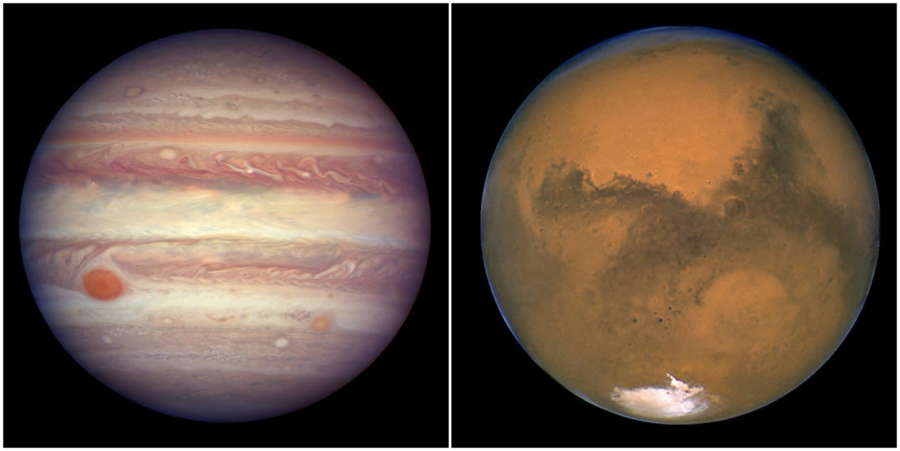 Mars and Jupiter get chummy in the night sky. The planets won’t get this close again until 2033