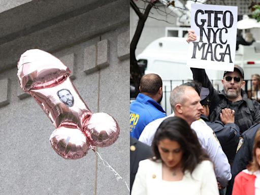 As Michael Cohen's testimony droned on, the real hush-money show moved outdoors with crude balloons and a 'Beetlejuice' chant