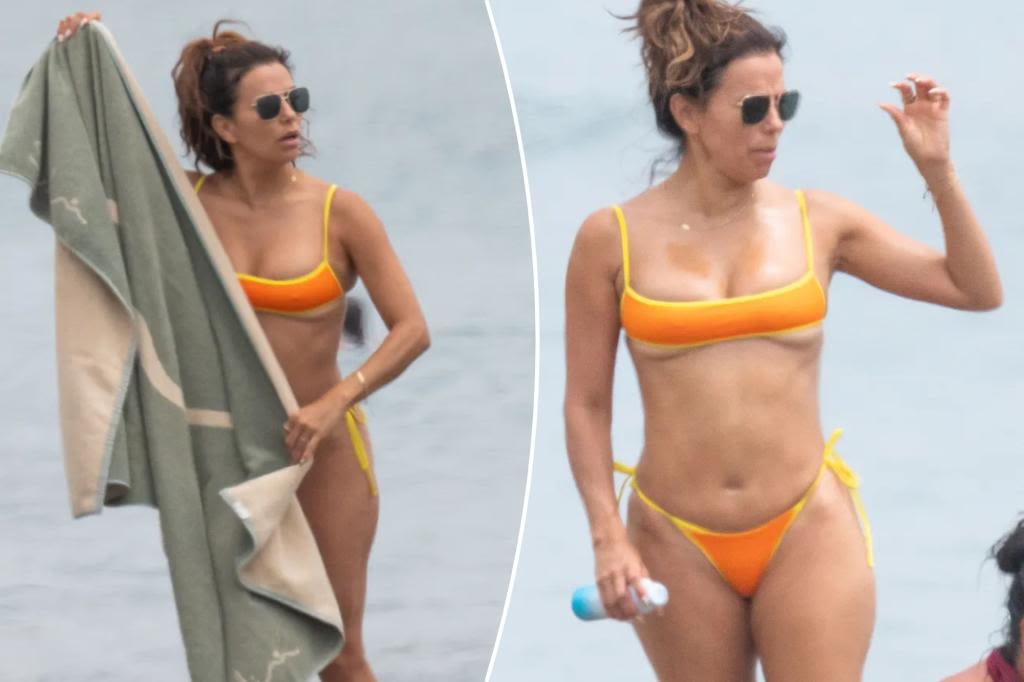 Eva Longoria shows some skin in a cheeky bikini on Spanish beach