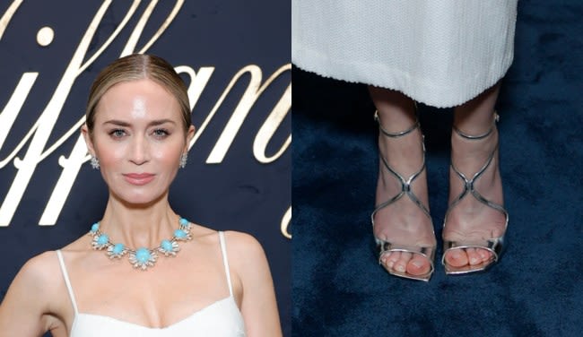 Emily Blunt Gleams in Metallic Jimmy Choo Sandals at Tiffany & Co.’s Blue Book 2024 Celebration