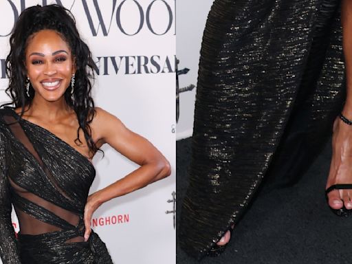 Meagan Good Embraces the Multi-Textured Trend in Glittery Dress and Patent Leather Sandals at A Toast to Black Hollywood Party