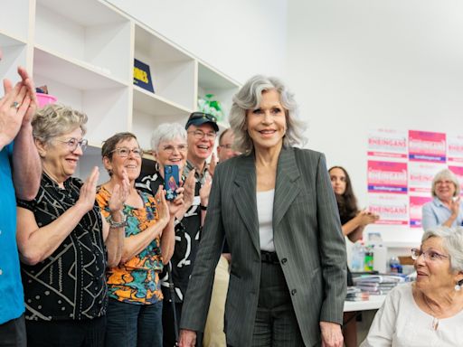 Jane Fonda campaigning for Kamala Harris in Ann Arbor