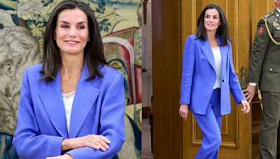 Queen Letizia of Spain Means Business in Blue Power Suit With Sheer Neckline for Royal Engagements at Zarzuela Palace in Madrid