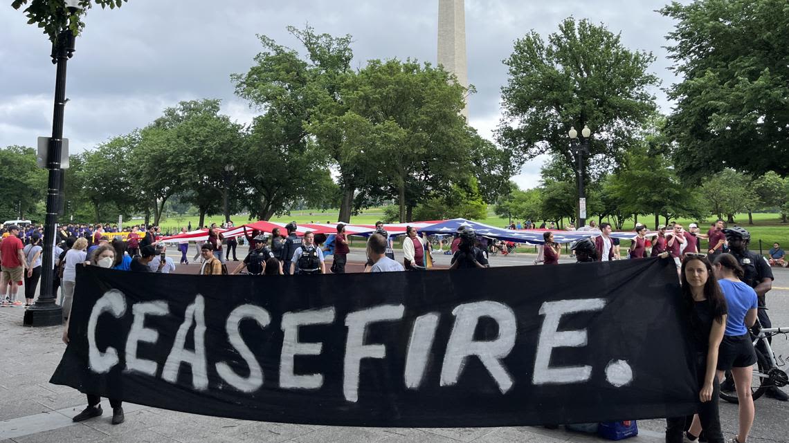 Pro-Palestinian groups from Virginia protest during DC Memorial Day parade