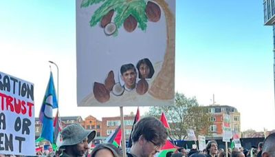 Woman who carried placard depicting Sunak and Braverman as coconuts charged with hate crime