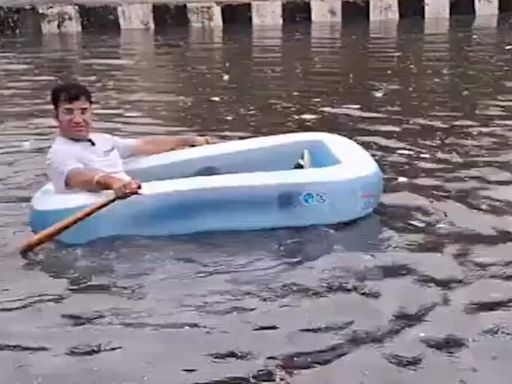 Delhi BJP councilor rows inflatable boat amid waterlogging, slams AAP | Watch