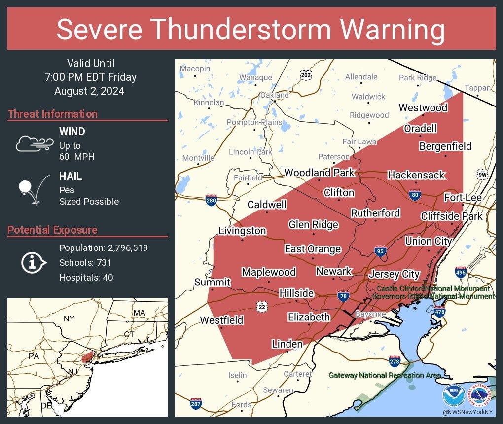 Severe thunderstorm warning issued for much of North Jersey Friday evening