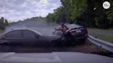 Dashcam video shows officer on side of road narrowly escape careening BMW M3