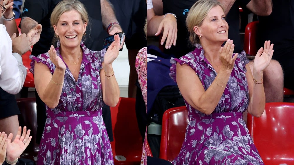 Sophie, Duchess of Edinburgh Pops in Purple Erdem Floral Dress While Celebrating Great Britain’s Women’s Team Sprint Gold Medal at the 2024...