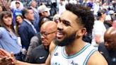 Minnesota's Karl-Anthony Towns celebrates after the Timberwolves' series-clinching victory over the Denver Nuggets in the NBA playoffs