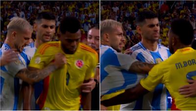 El PICANTE cruce de Miguel Borja con Leandro Paredes sobre el final del partido entre Argentina y Colombia