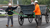 Watch as a 'new' prairie schooner replica replaces iconic 1860s Conestoga wagon in Old Westport