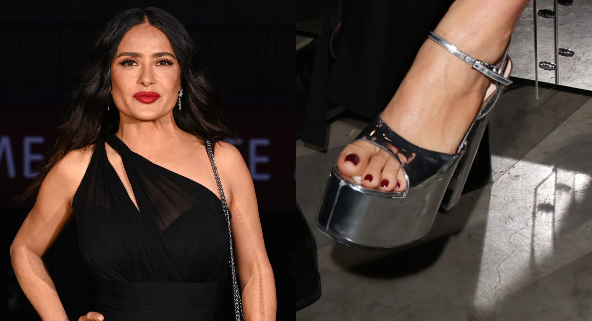 Salma Hayek Takes Metallic Shoe Trend to New Heights in Soaring Heels for Gucci Cruise 2025 Show