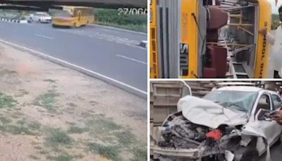 Terrifying Video: School Bus With 30 Children Onboard Overturns After Speeding Car Hits From Behind On Highway In Telangana’s...