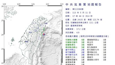 快訊/地牛又翻身！17:44花蓮近海規模4.9「極淺層地震」 最大震度4級