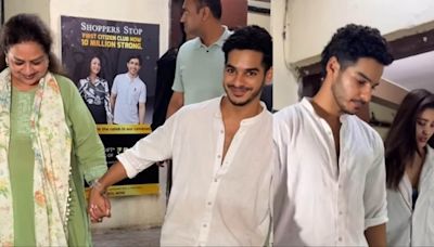 Ishaan Khatter holds mom Neliima Azeem's hand, escorts girlfriend Chandni Bainz to car after taking both on a movie date
