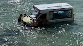 Moment heroes rush into sea in attempt save ice cream van from tide