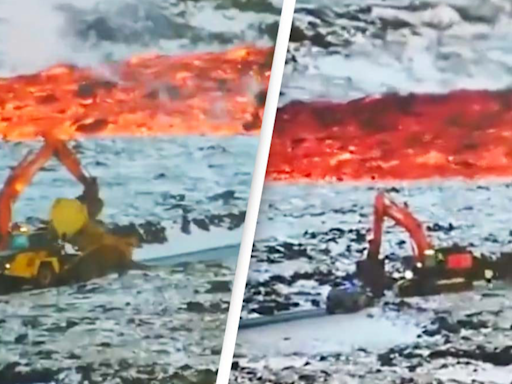 Video shows 'brave' workers desperately try to stop the flow of lava doing a job that nobody wants