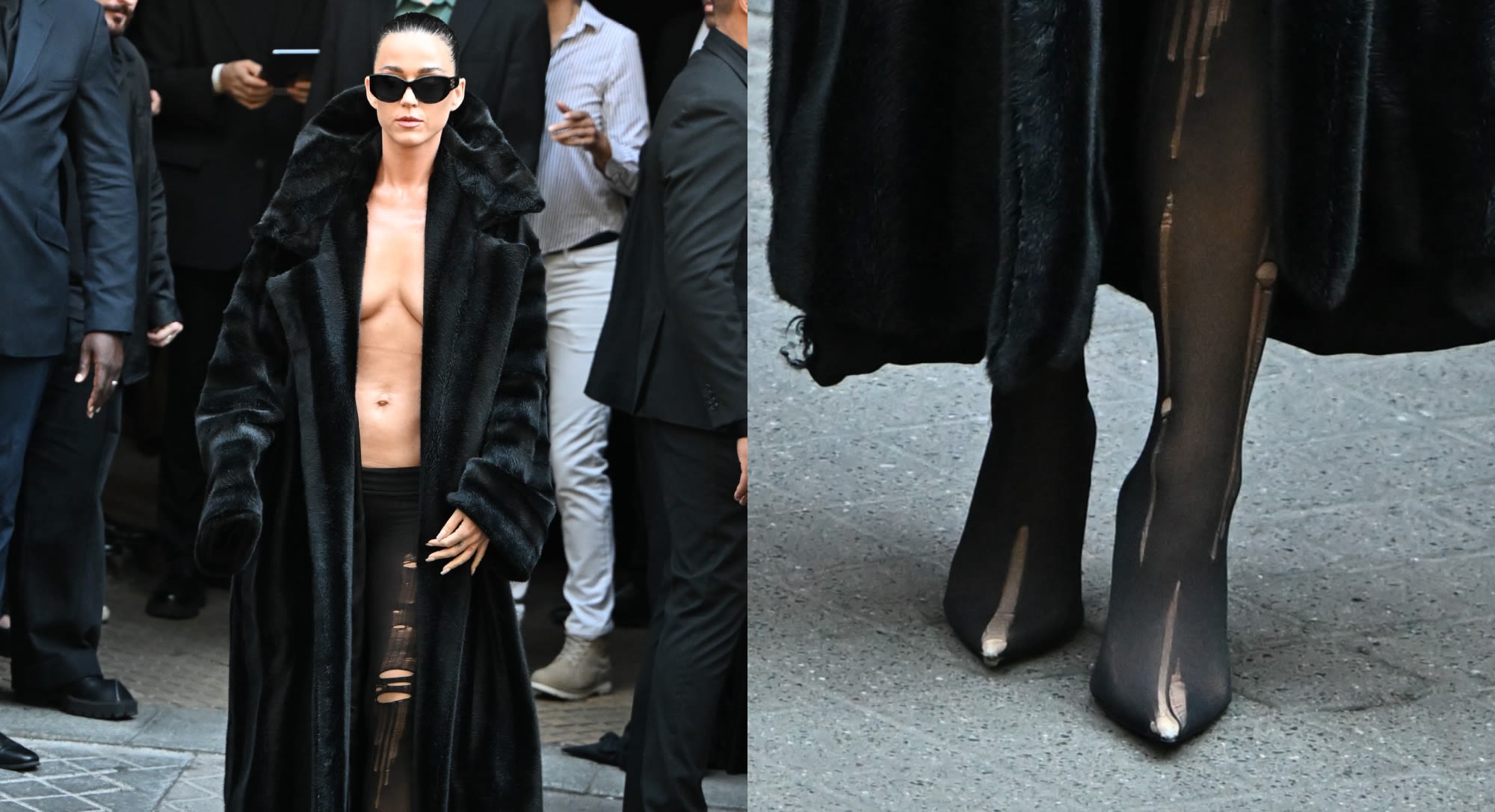 Katy Perry Wears Ripped Tights Over Pumps with No Shirt Under Balenciaga Fur Coat at Paris Couture Week