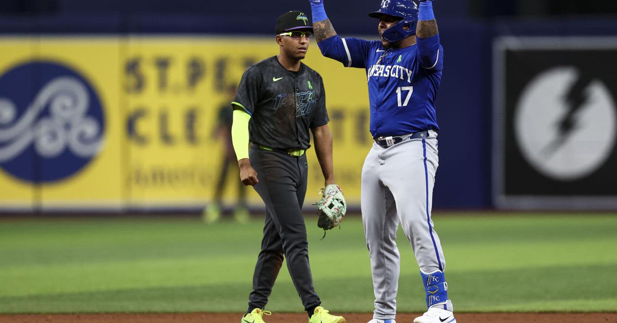 ... City Royals' Nelson Velazquez celebrates after hitting an RBI double during the eleventh inning against the Tampa Bay Rays at Tropicana Field on Saturday, May...