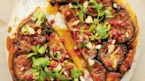 Sticky aubergine, pomegranate and herb tart recipe