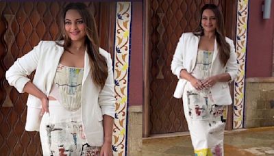 New bride Sonakshi Sinha takes fashion risks as she styles a white blazer with quirky two-piece outfit