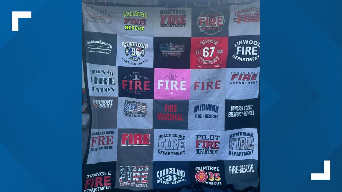 Woman makes quilt out of fire department t-shirts to honor fallen Lexington firefighter