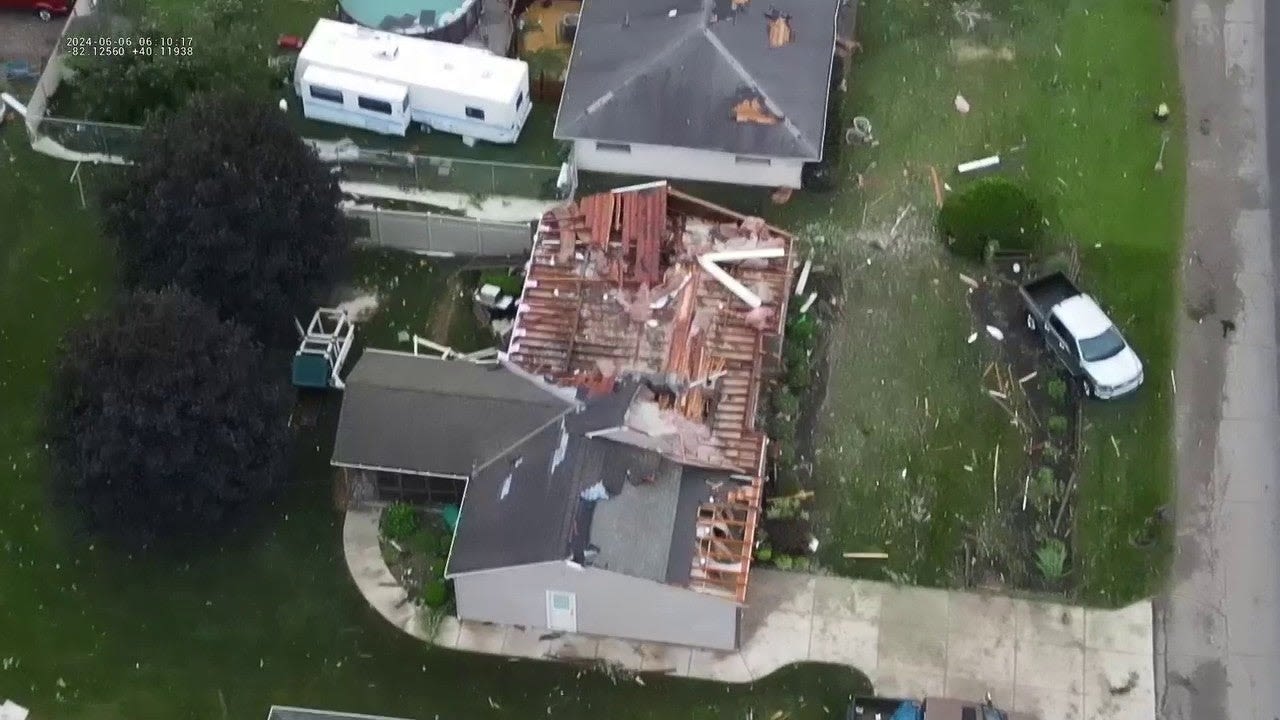 Drone video: EF-2 tornado destroys buildings, overturns cars in Frazeysburg, Ohio