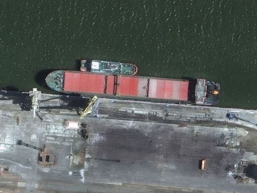 Russian ship suspected of delivering Iranian ballistic missiles seen at Caspian Sea port