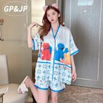 創客優品  日本GP夏季冰絲睡衣女薄款卡通印花短袖大碼V領休閒家居服三件套NY1099