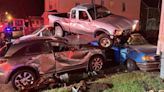 Truck ends up on top of cars after crash in Brockton