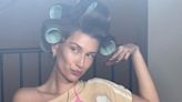 Hailey Bieber's Glam Routine Includes Gigantic Hair Rollers and Novelty T-Shirts