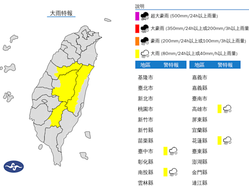 鋒面通過 台中、南投、高雄、花蓮4縣市大雨特報