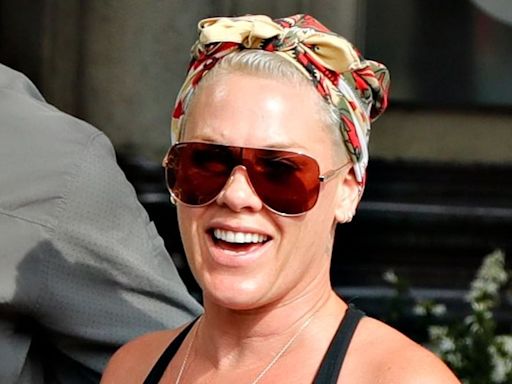 Pink cuts casual figure at hotel ahead of concert in Sweden