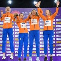 Netherland's gold medal-winning 4x400m relay team from the world indoors in Glasgow: Femke Bol, Lisanne De Witte, Lieke Klaver and Cathelijn Peeters