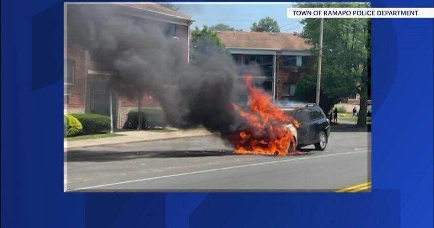 Fire engulfs car on Old Nyack Turnpike in Ramapo