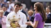 Kate, the Princess of Wales, hand Carlos Alcaraz his Wimbledon trophy in a rare appearance for her