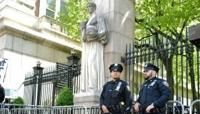 Police guard the gates of Columbia University in New York City after clearing the protest encampment there overnight