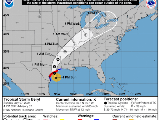 Beryl to hit Texas on Monday, with high winds and possible tornadoes by Sunday afternoon