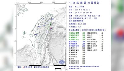 快訊／17:44地牛翻身！花蓮外海4.9「極淺層地震」 最大震度4級