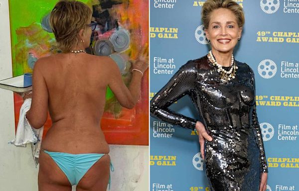 Sharon Stone, 66, Goes Topless and Wears Cheeky String Bikini Bottoms for Poolside Painting Session