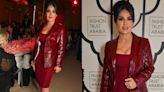 Salma Hayek Goes Monochromatic in Burgundy Dress and Gucci Leather Jacket for Fashion Trust Arabia Dinner