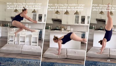 Mom attempts Olympic gymnastics in her kitchen and her performance goes viral