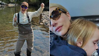 Emma Roberts Takes a Fishing Trip with Son Rhodes and Snuggles Up in Sweet Snap