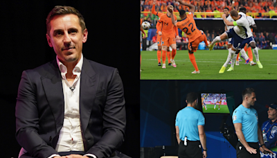 Exasperated Gary Neville 'offended' by hugely controversial decision to award England a penalty against Netherlands for Denzel Dumfries challenge on Harry Kane in Euro 2024 semi...
