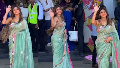 Shilpa Shetty wears powder blue tissue saree worth Rs 46,800 to Mumbai airport and it can be the perfect Durga puja pick