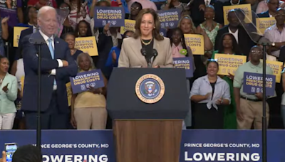 Kamala Harris and Joe Biden share stage for first time since his exit