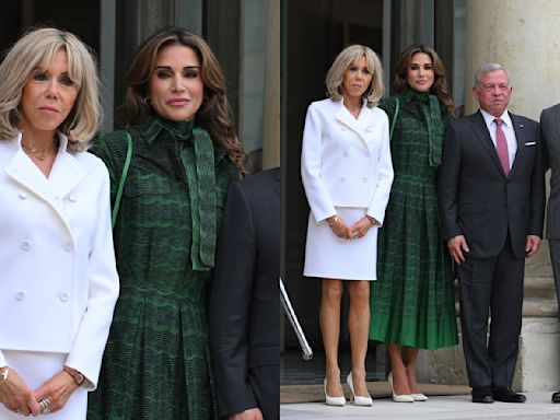 ...the Case for Two-Tone Dressing in Elie Saab Dress, Brigitte Macron Takes on Hosting Duties in Classic White Suit in Paris