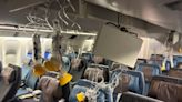 Pictures from the plane hit by turbulence so severe a man died show debris strewn across the cabin, collapsed panels, and blood smeared on the ceiling