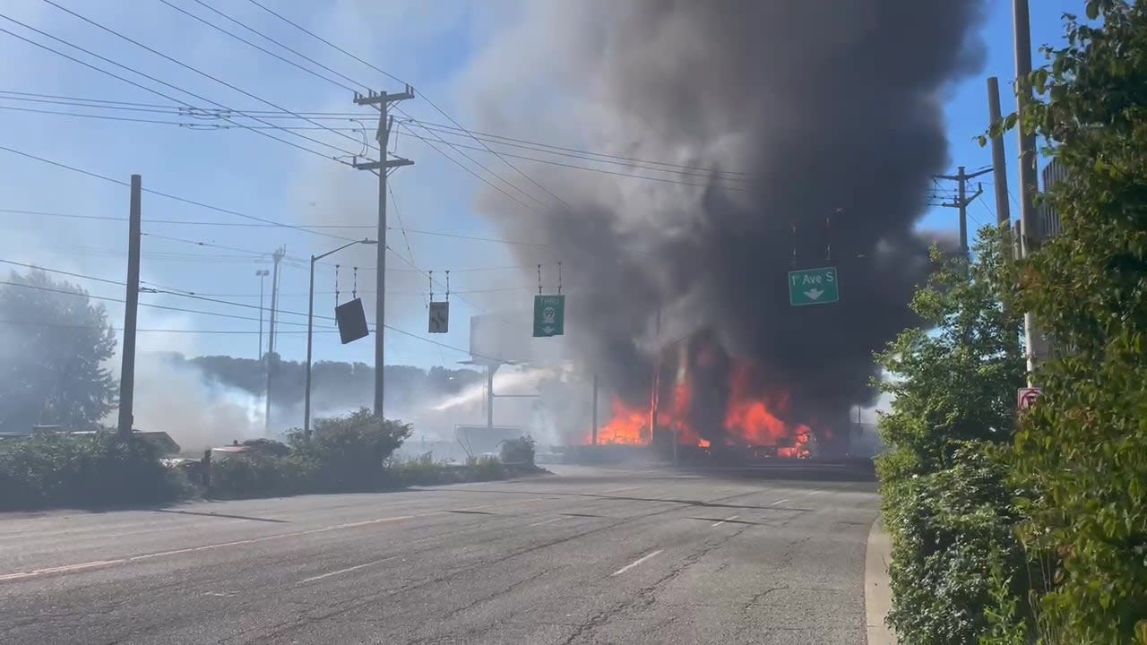 Large brush fire breaks out along SR 99 in Seattle